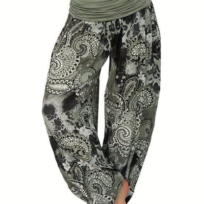 Plus Size Boho Pants, Women's Plus Paisley Print Ruched High Waist Baggy Harem Pants