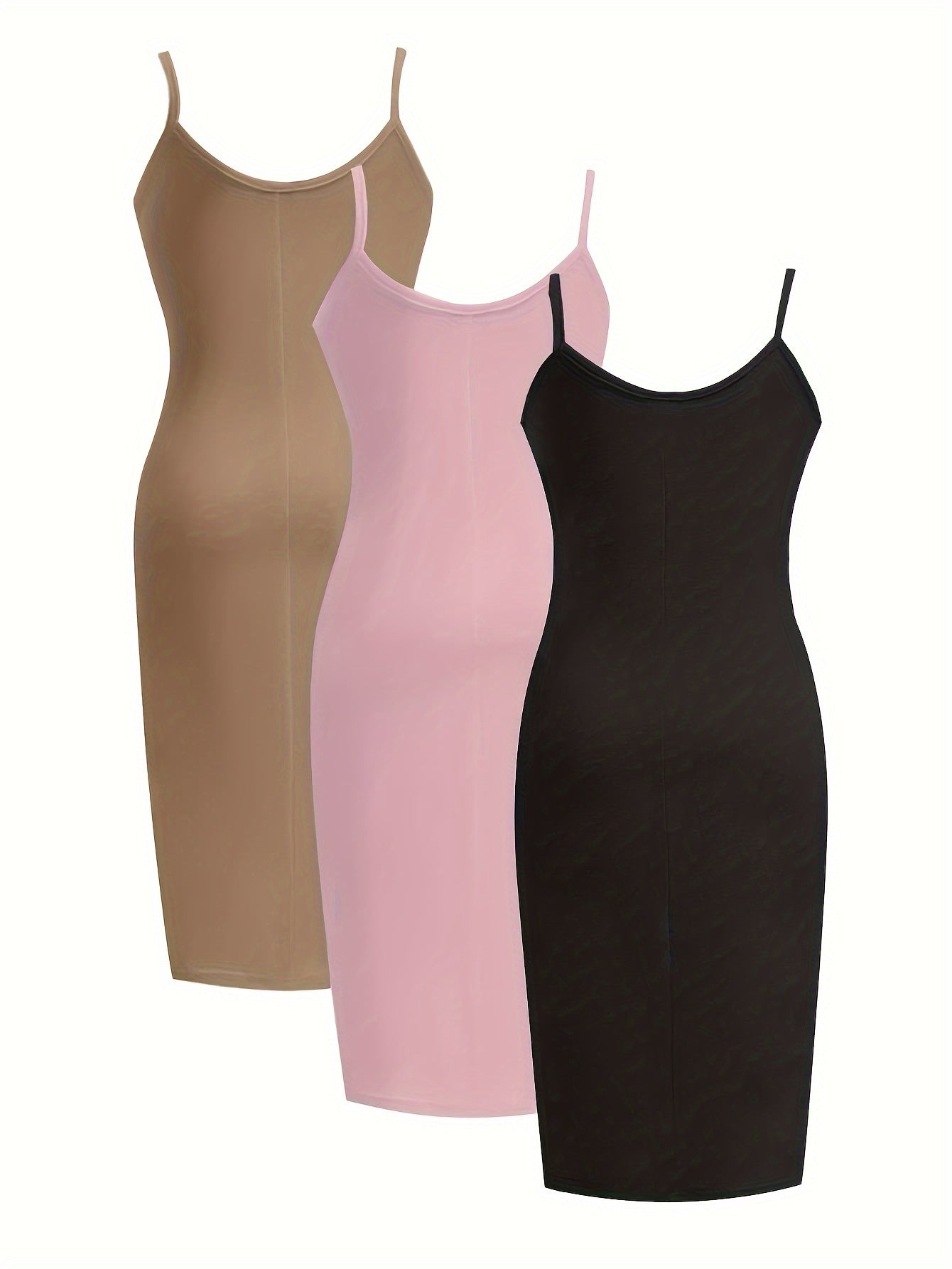 [3 Pack Plus Size Cami Dress] 3 Pack Plus Size Basic Dress Set, Women's Plus Solid Round Neck Medium Stretch Slim Fit Cami Dress Three Piece Set