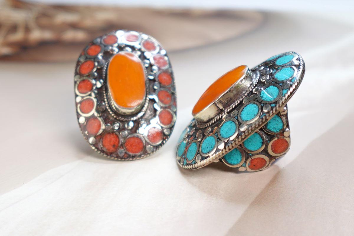 Large Ethnic Adjustable Tibetan Silver Rings, Turquoise, Coral Inlay Rings.