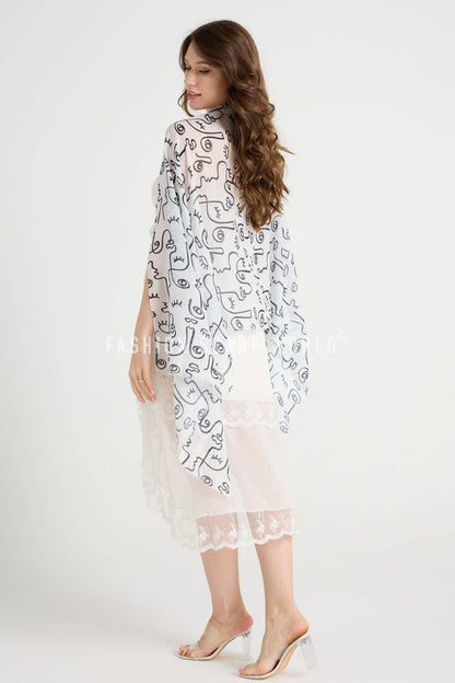 Abstract Face Print Frayed Scarf: White