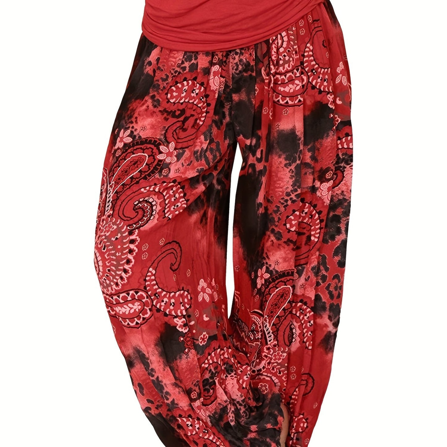 Plus Size Boho Pants, Women's Plus Paisley Print Ruched High Waist Baggy Harem Pants