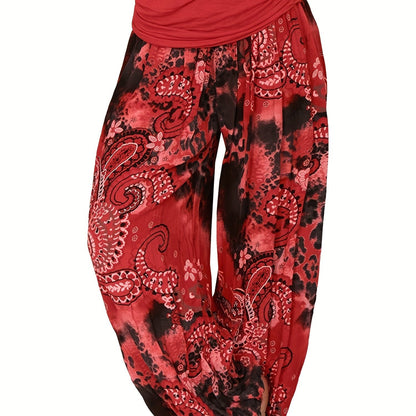 Plus Size Boho Pants, Women's Plus Paisley Print Ruched High Waist Baggy Harem Pants