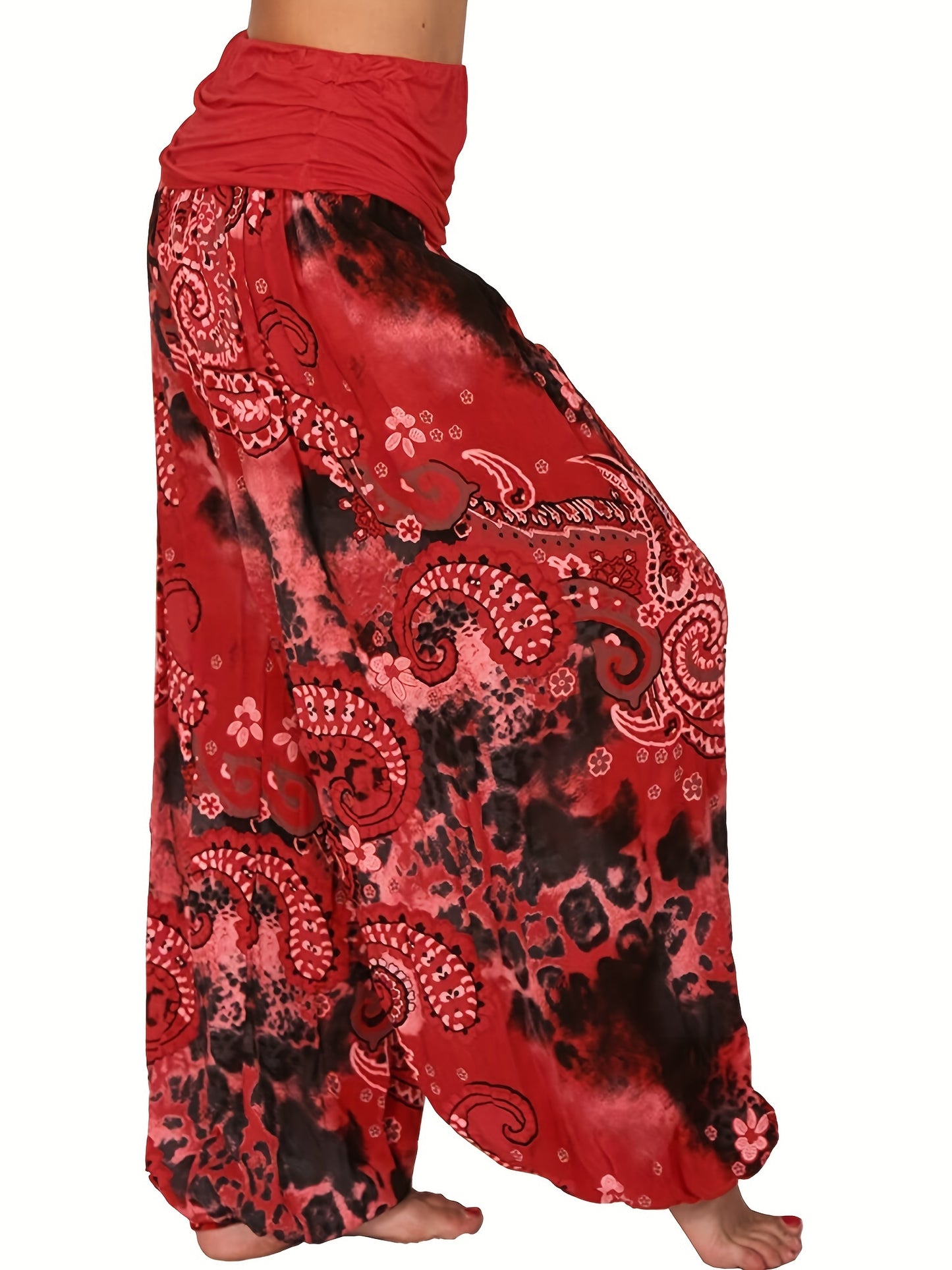 Plus Size Boho Pants, Women's Plus Paisley Print Ruched High Waist Baggy Harem Pants