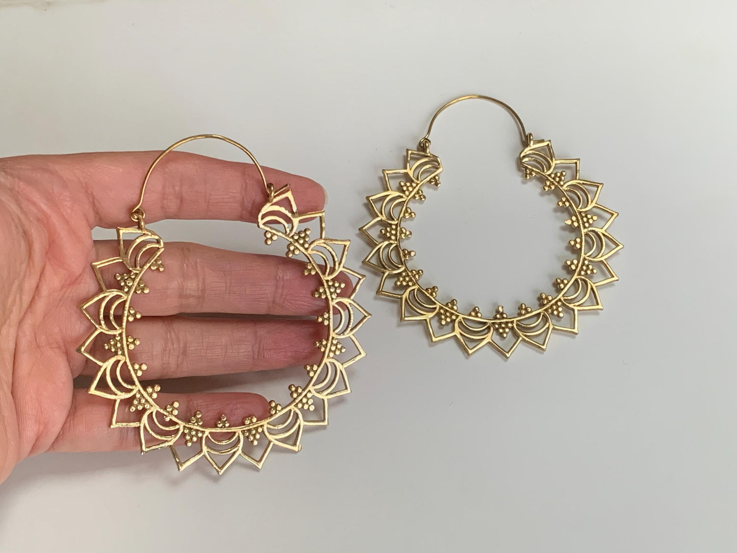 Sunray Mandala Brass Hoops – Bold Bohemian Circle Earrings.