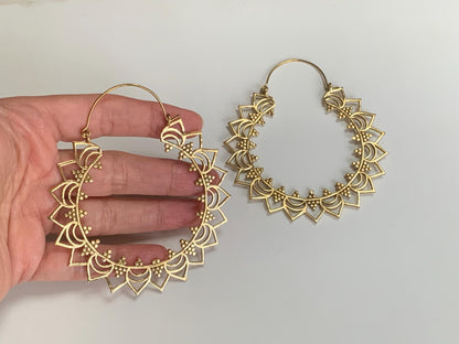 Sunray Mandala Brass Hoops – Bold Bohemian Circle Earrings.