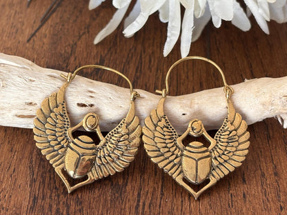 Scarab Wings Hoops - Egyptian-Inspired Double-Sided Brass Beetle Earrings