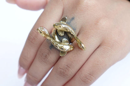 Twin Koi Fish Adjustable Ring – Brass Art Jewelry Inspired by Nature.