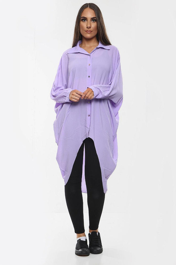 High-Low Oversized Button Long Top Shirt Dress with Hem and Long Sleeves