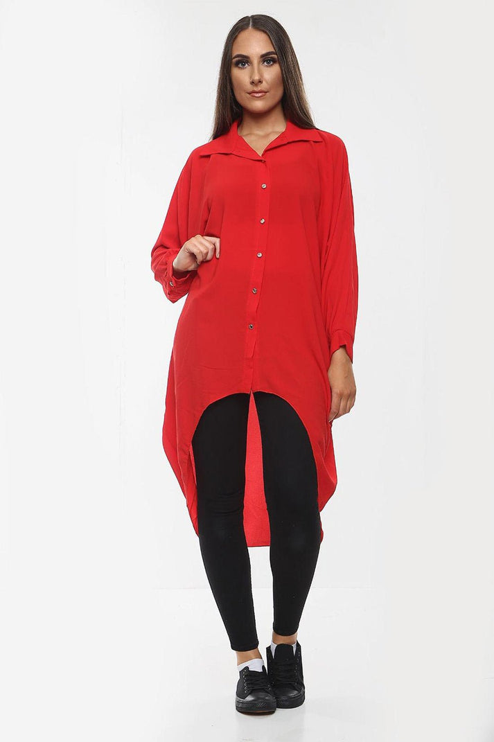 High-Low Oversized Button Long Top Shirt Dress with Hem and Long Sleeves