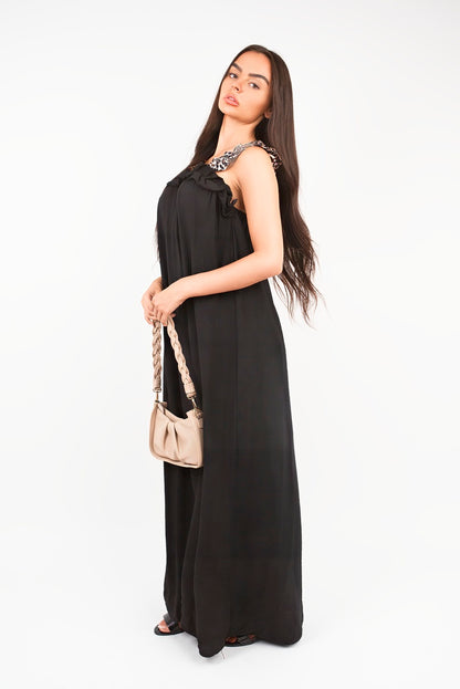 Leopard Strap Sleeveless Maxi Dress with Ruffle Detail