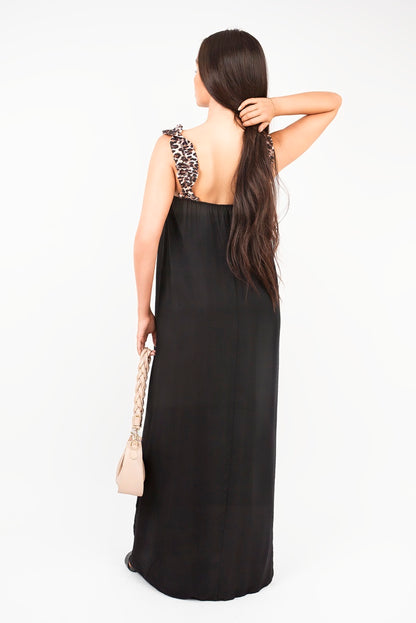 Leopard Strap Sleeveless Maxi Dress with Ruffle Detail