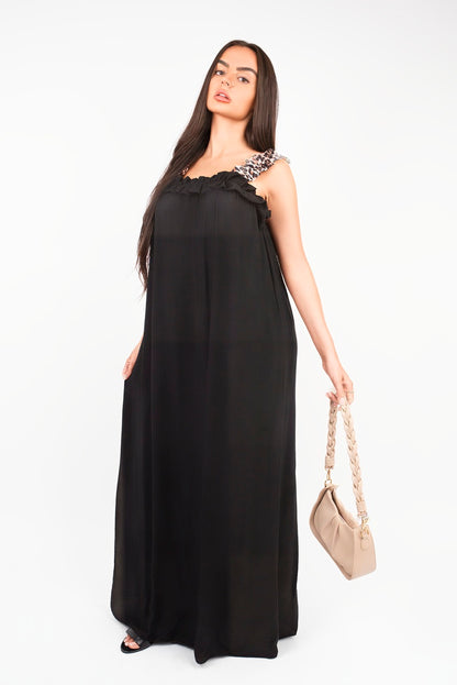Leopard Strap Sleeveless Maxi Dress with Ruffle Detail