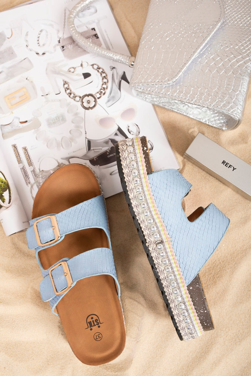 Twin Buckle Flatform Sliders with Embellished Sole