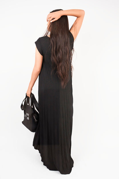 Pleated Cap Sleeve Maxi Dress