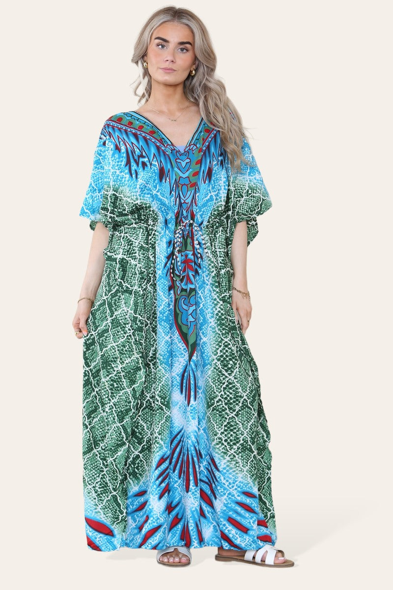 Elegant Long Caftan with Vibrant Green Geometric Print and Adjustable Cinched Waist