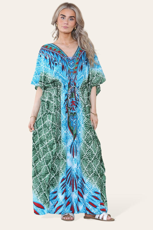 Elegant Long Caftan with Vibrant Green Geometric Print and Adjustable Cinched Waist