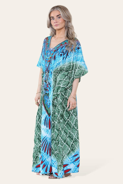 Elegant Long Caftan with Vibrant Green Geometric Print and Adjustable Cinched Waist