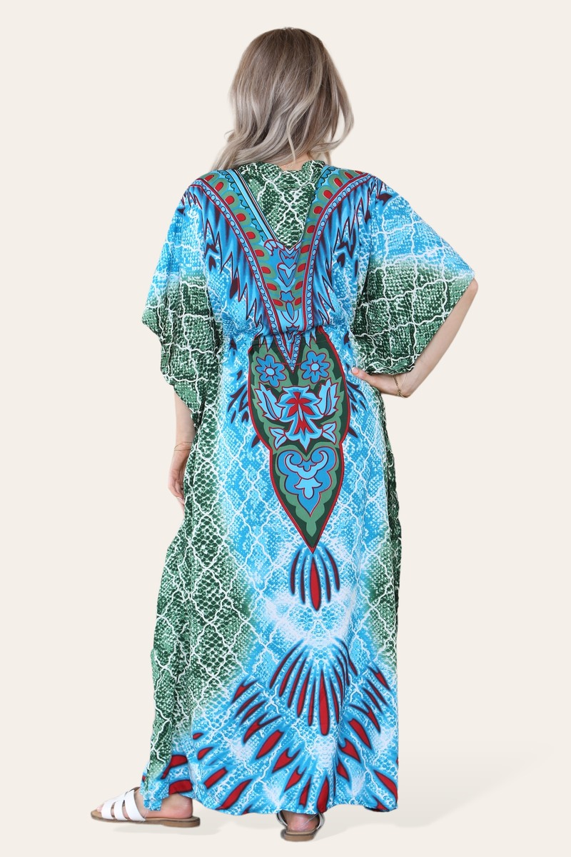 Elegant Long Caftan with Vibrant Green Geometric Print and Adjustable Cinched Waist