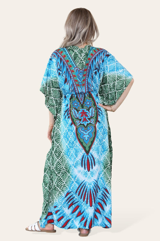 Elegant Long Caftan with Vibrant Green Geometric Print and Adjustable Cinched Waist