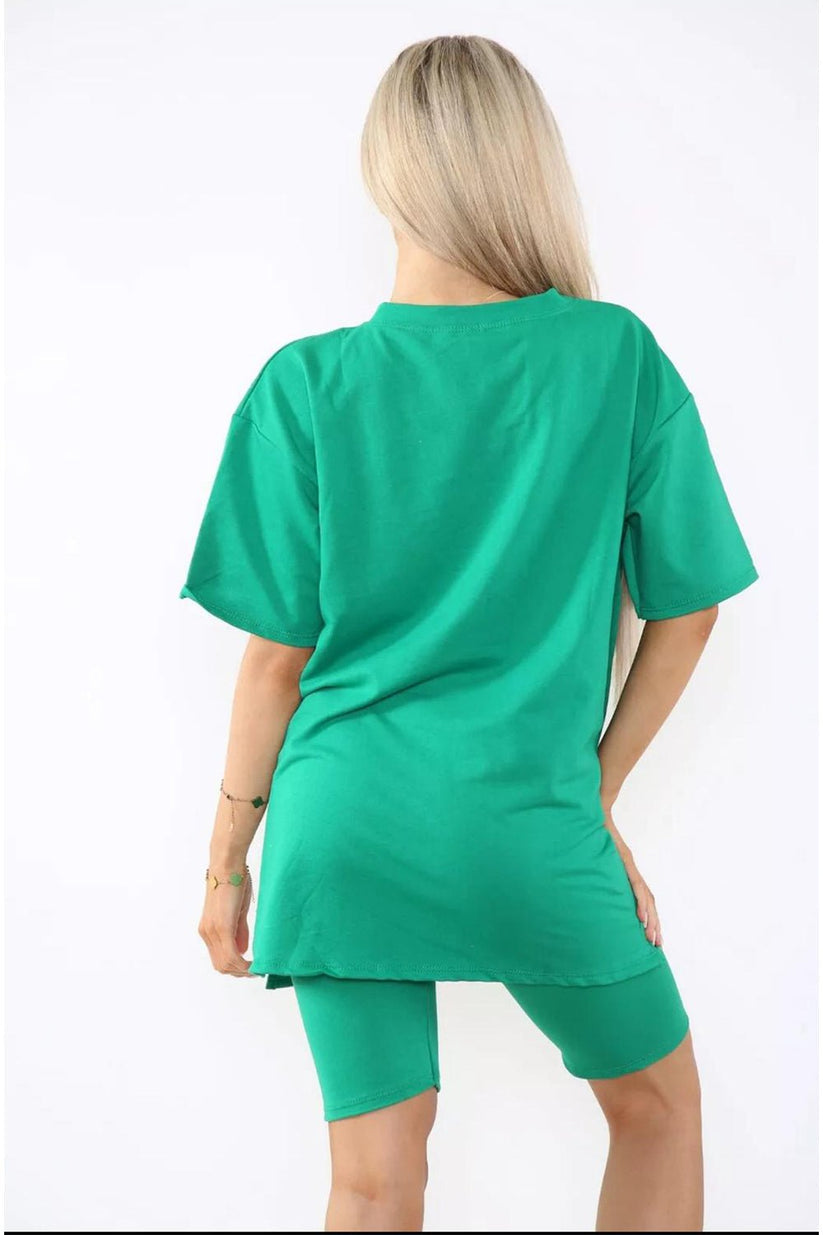 Cycling Short and T-Shirts Co-Ord Two Piece Side Slit Set with Front Printed Slogan