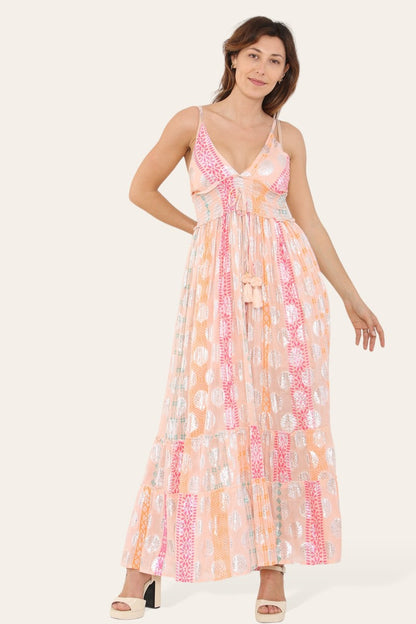 Elegant Long Strappy Dress with Silver Circular Print