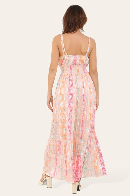 Elegant Long Strappy Dress with Silver Circular Print