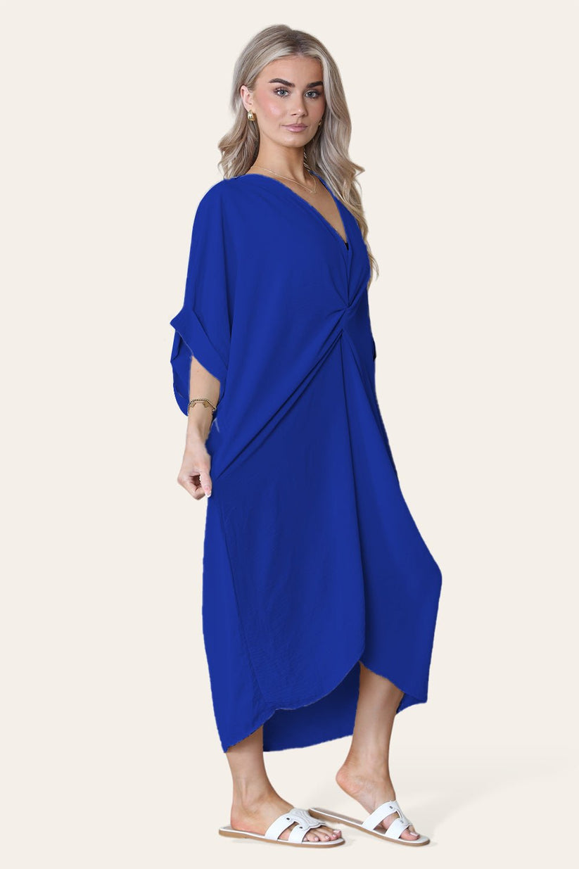 Womens V-Neck Tie Knotted Twisted Front Oversized Longline Midi Dress